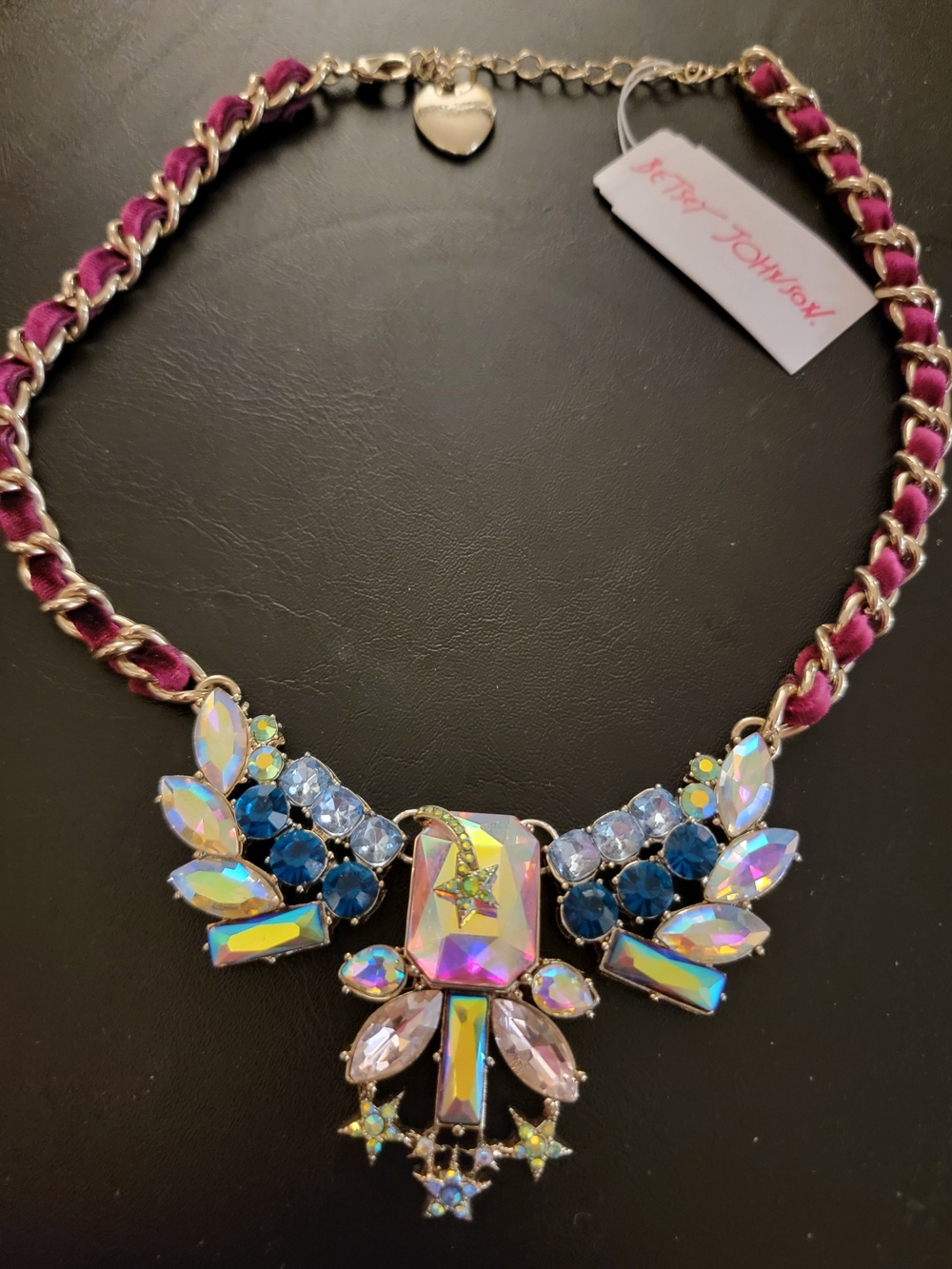 New NWT Betsey Johnson Pink Ribbon Aurora and Blue Crystal Bib Necklace
